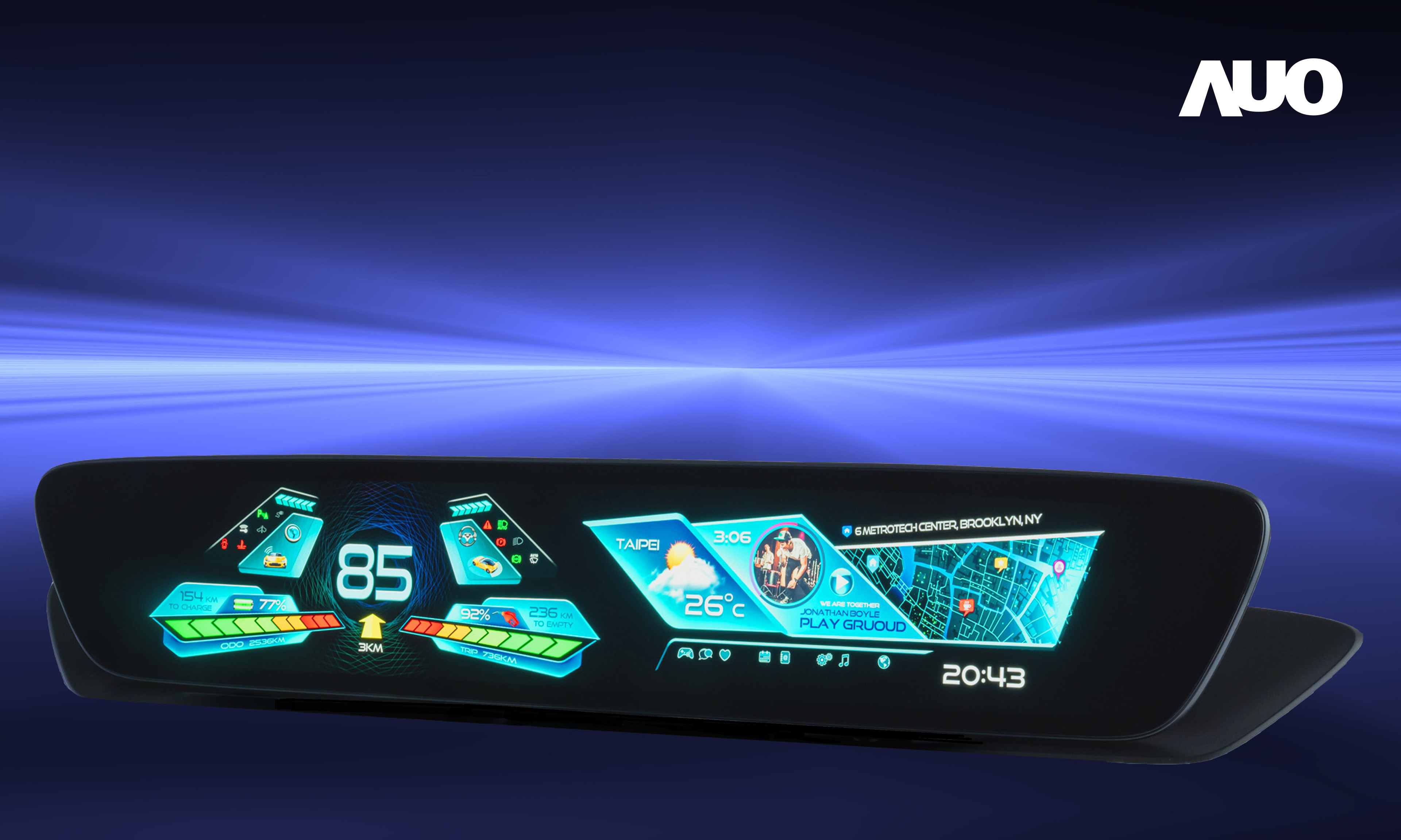 友達30.4吋異形曲面AmLED車載顯示系統，為一兼具儀表板及中控台人機介面的創新車載顯示系統，結合美學設計，提升車內科技沉浸感及使用體驗，讓車載顯示的未來應用更加多元化