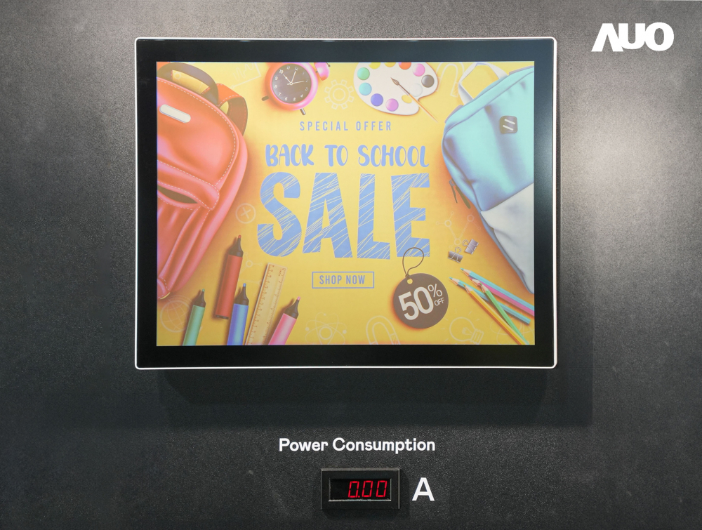 k1体育展示胆固醇液晶超低耗能户外全彩显示器，ChLC（胆固醇液晶）以双稳态技术使静态显示零功耗，具省电、高彩度、环保的特性，还整合软硬件系统解决方案，可透过单一云端平台管理