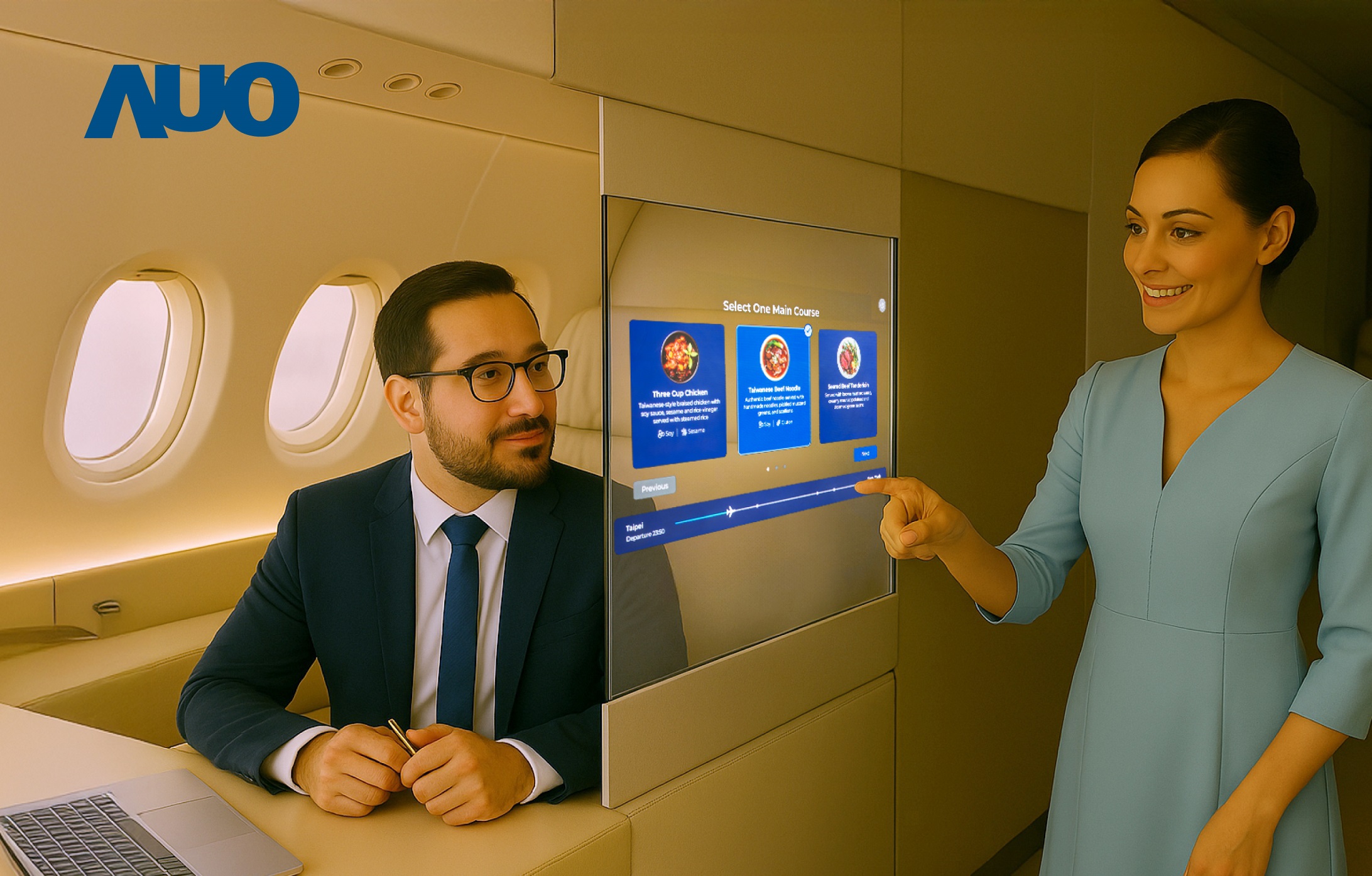 k1体育研发全球最薄17.3 吋双面透明 Micro LED 显示器，可在同一屏幕之双边投射不同信息，创造独特的&rdquo;透明化&rdquo;互动；图为实时翻译交流应用情境