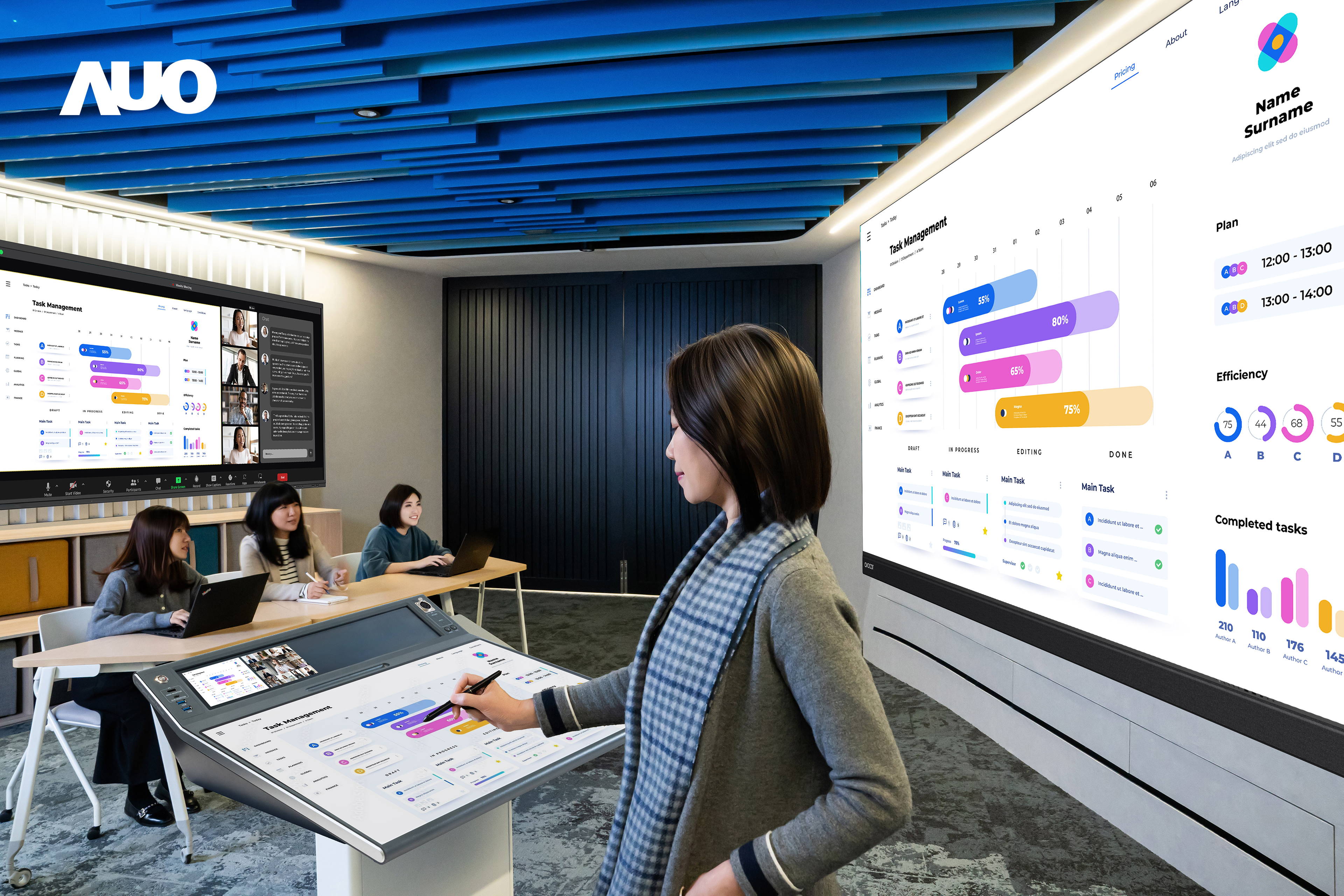 达擎携手Avocor与Rise Vision展示全方位商务领域应用，包含采用模块化设计的138吋一体式All-in-One LED显示器及具21:9超宽比例的92吋交互式电子白板（IFPD），讲者可轻松分享内容，有效提升会议协作效率。